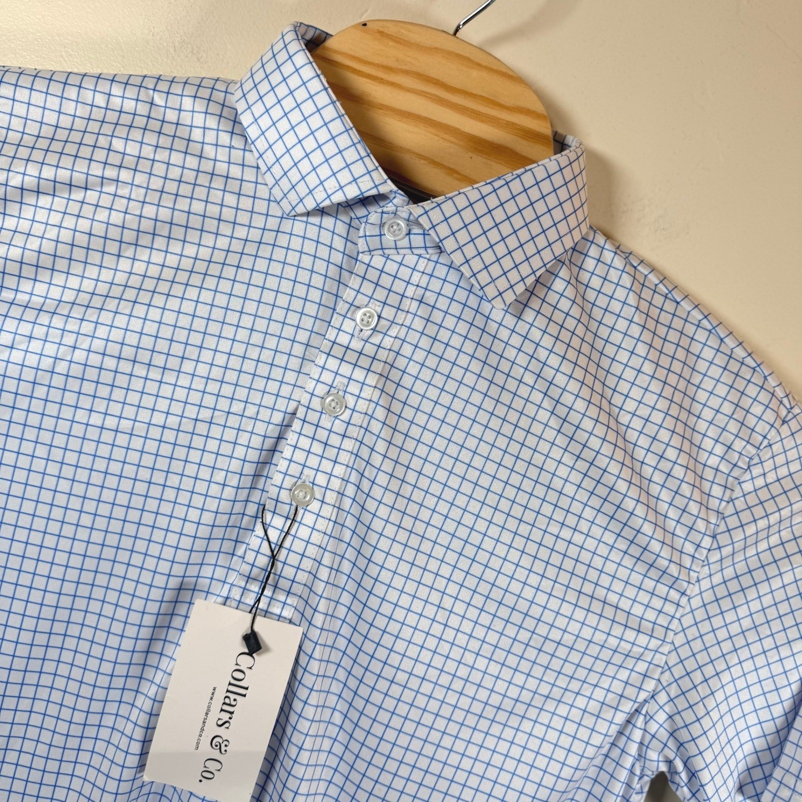 Collars & Co The Original Dress Collar Polo Shirt Mens M Relaxed Blue Grid New